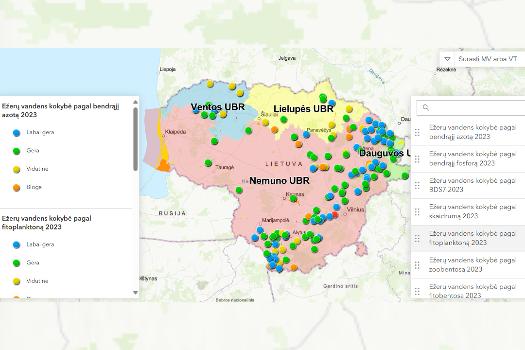 2023 m. ežerų ir tvenkinių vandens kokybės pagal atskirus rodiklius žemėlapis